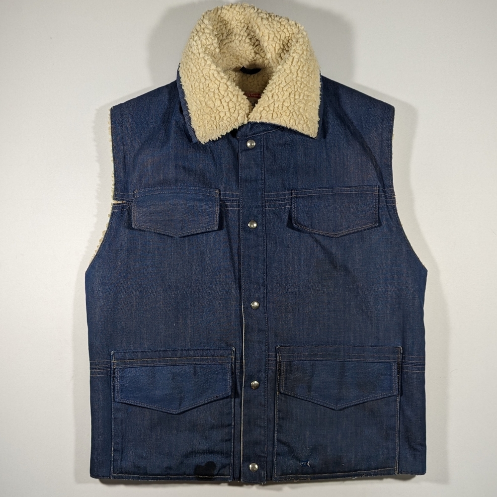Vintage 70s Frostline Kit Sherpa Lined Denim Vest Mens Size Medium Blue